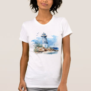 Blue Nautical Watercolor Lighthouse T-Shirt
