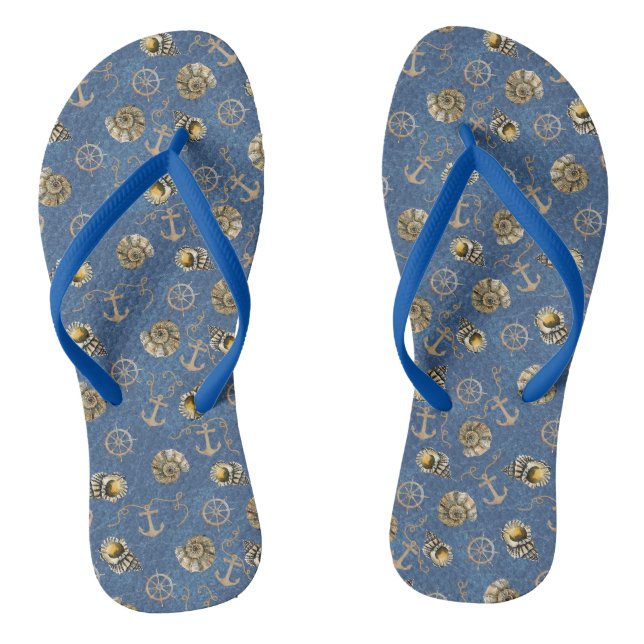 blue nautical watercolor seashells thongs (Footbed)