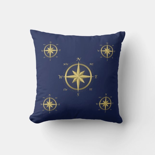 Blue Nautical Wedding Pillows Gold Compass (Front)