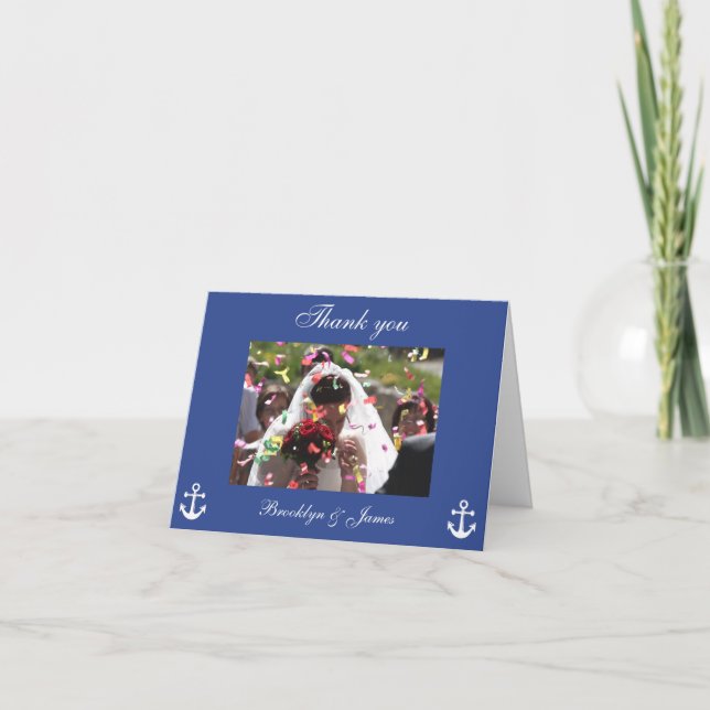 Blue Nautical Wedding Thank You Cards With Picture (Front)
