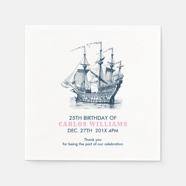 Blue Nautical Wind-Sailing Boat Birthday Template Napkin (Front)