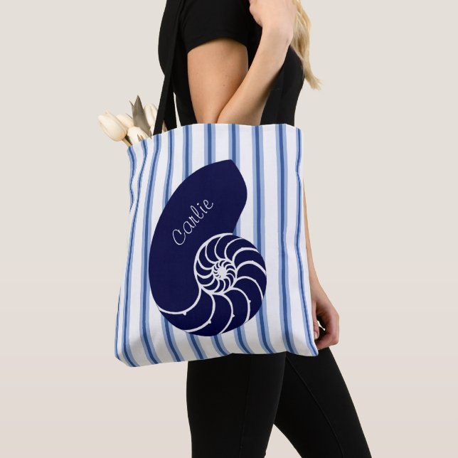 Blue Nautilus Shell Custom Tote Bag (Close Up)