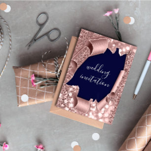 Blue Navy 3D Rose Gold Wedding Glitter  Invitation
