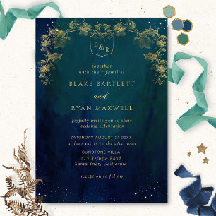 Blue, Navy and Green Celestial Monogram Wedding Invitation