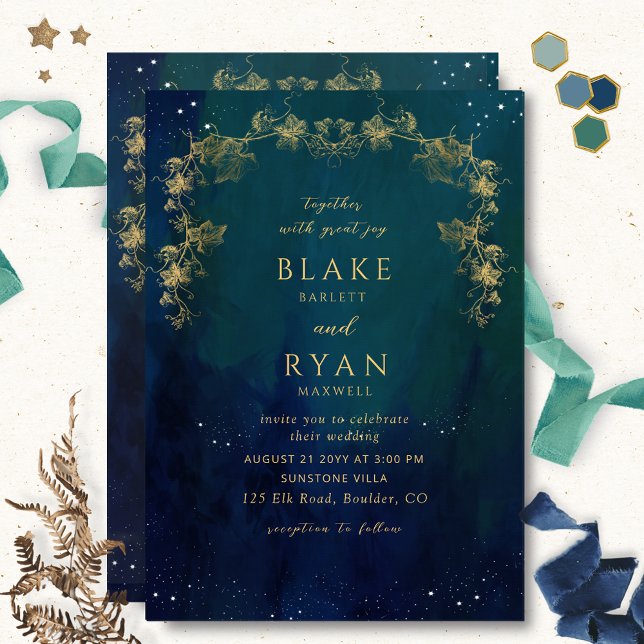 Blue Navy and Green Enchanting Celestial Wedding I Invitation (Creator Uploaded)