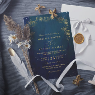 Blue Navy and Green Enchanting QR Code Wedding Invitation