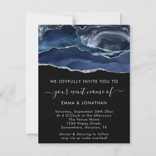 Blue Navy Black Silver Grey Border Glitter Marble (Front)
