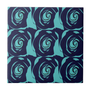 Blue Navy Blue Rose Flower Floral Pattern Ceramic Tile