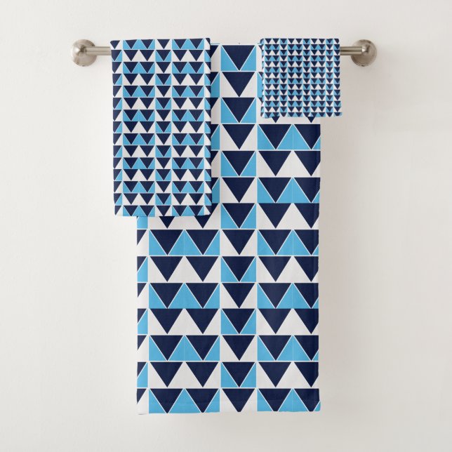 Blue Navy Blue White Triangle Geometric  Bath Towel Set (Insitu)