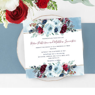 Blue, Navy Burgundy Red and Purple Floral Wedding Invitation