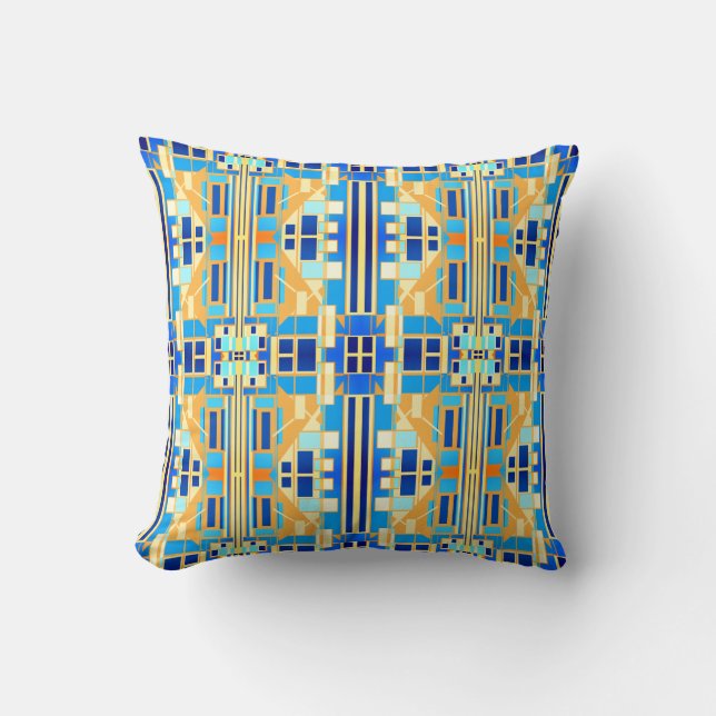 Blue Navy Coral Yellow Gold Large Tile Pattern Cushion (Front)