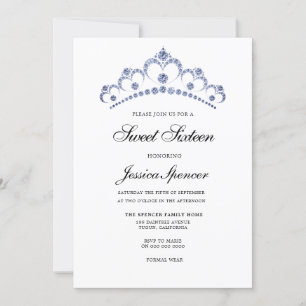 Blue & Navy Diamond Tiara Sweet 16 Party Invite