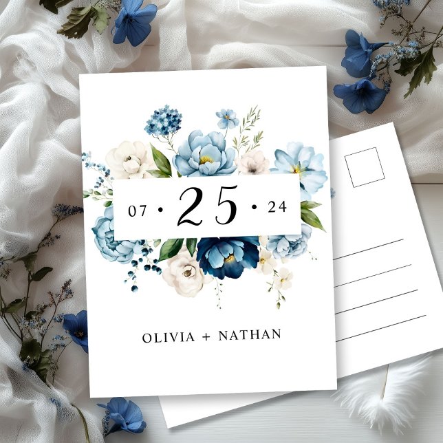 Blue Navy Elegant Cute Floral Ivory Save The Date Invitation Postcard (Creator Uploaded)