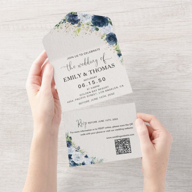 Blue Navy Floral All in One Wedding Invite (Tearaway)