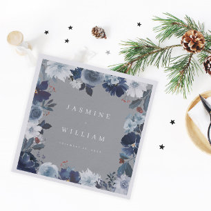 Blue & Navy Floral Name Napkins- Grey Napkin