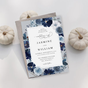 Blue & Navy Floral on Blue Grey Wedding  Invitation