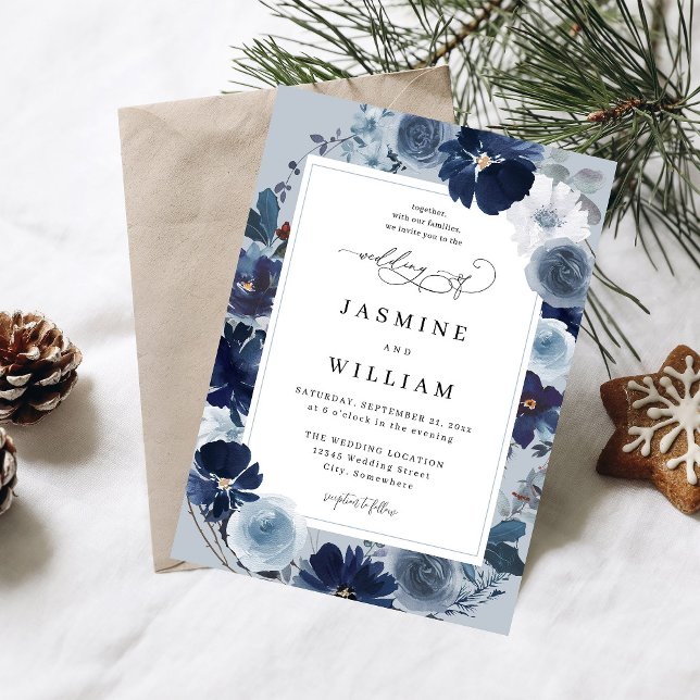 Blue & Navy Floral on Dusty Blue Wedding Invitation (Creator Uploaded)