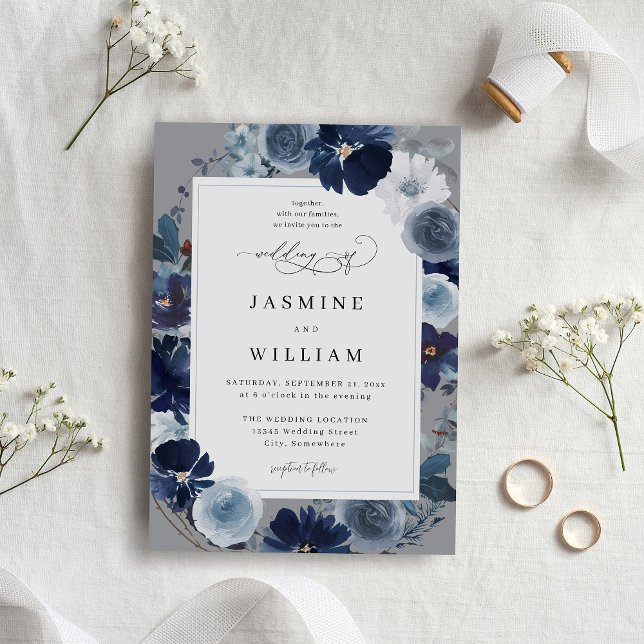 Blue & Navy Floral on Grey Wedding Invitation (Creator Uploaded)