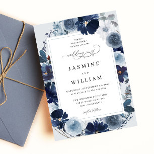 Blue & Navy Floral on Light Blue Wedding Invitation