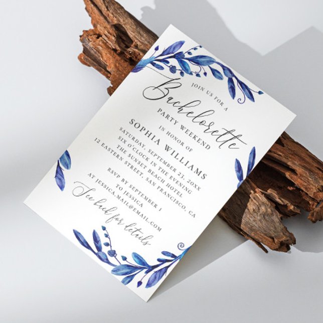 Blue navy floral script bachelorette party weekend invitation (Creator Uploaded)