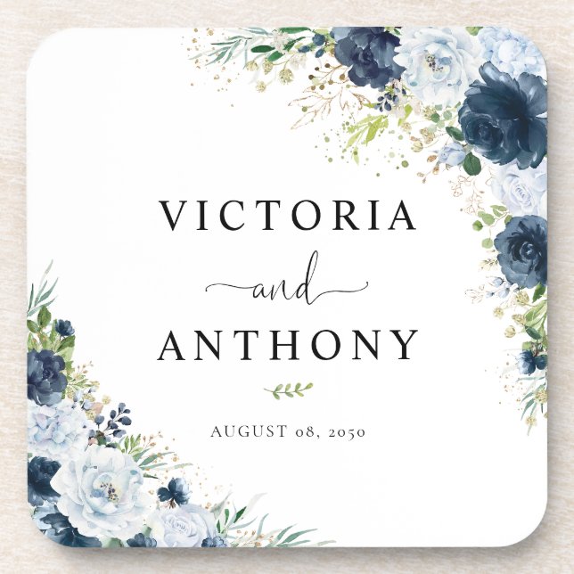 Blue Navy Floral Square Wedding Coaster (Front)