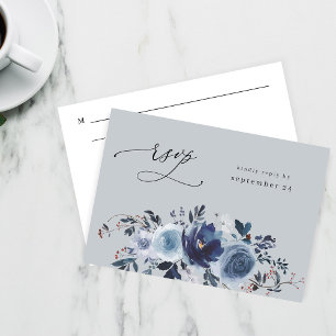 Blue & Navy Floral w Meal RSVP - Blue Grey Card