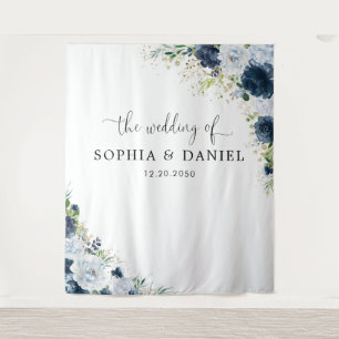 Blue Navy Floral Wedding Backdrops Banner Tapestry
