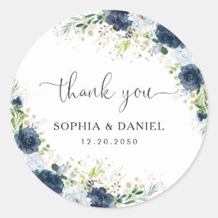 Blue Navy Floral Wedding Classic Round Sticker