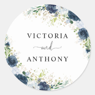 Blue Navy Floral Wedding Classic Round Sticker