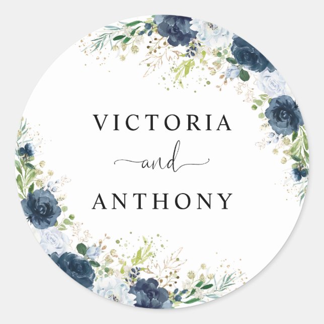 Blue Navy Floral Wedding Classic Round Sticker (Front)
