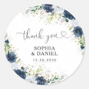 Blue Navy Floral Wedding Classic Round Sticker