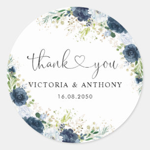 Blue Navy Floral Wedding Classic Round Sticker