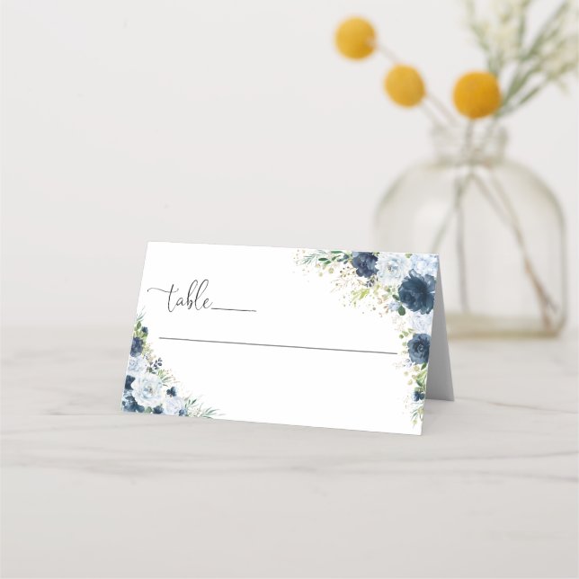 Blue Navy Floral Wedding Folded Place Card (Front)