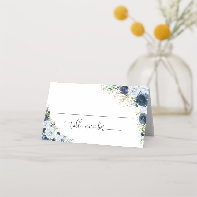 Blue Navy Floral Wedding Folded Place Card (Front)