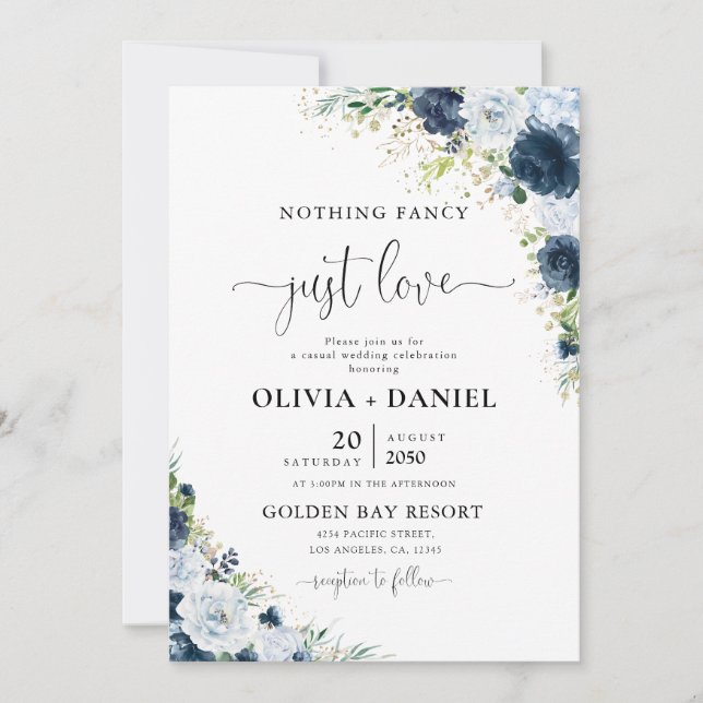 Blue Navy Floral Wedding Invitation (Front)