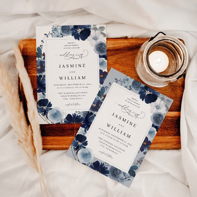 Blue & Navy Floral Wedding Invitation (Creator Uploaded)