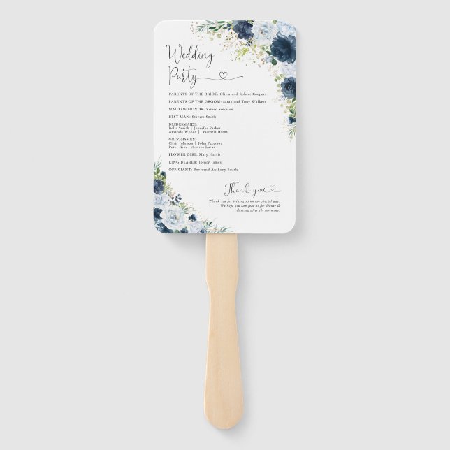 Blue Navy Floral Wedding Program Hand Fan (Back)