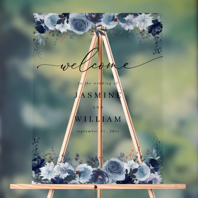 Blue & Navy Floral Wedding Welcome 2 Acrylic Sign (Neutral)