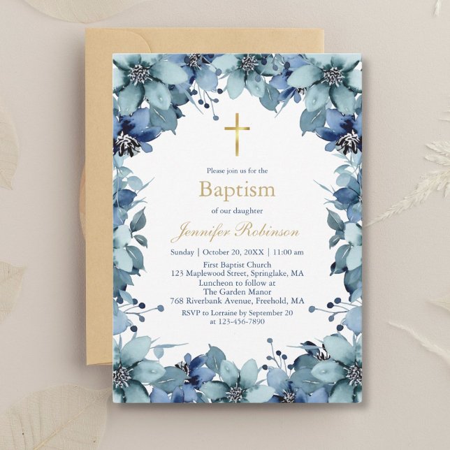 Blue Navy Flower Baptism Invitation (Creator Uploaded)