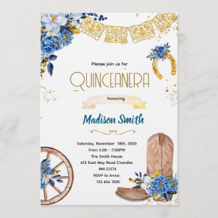 Blue navy flower Wild West Quinceañera invite