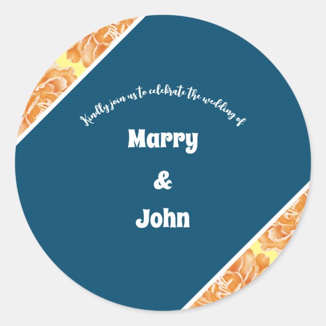 Blue navy Flowers Elegant autumn wedding Classic Round Sticker (Front)