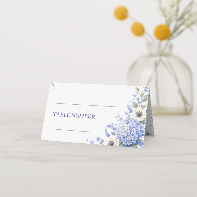 Blue Navy Flowers Floral Boho Wedding Place Card (Front)