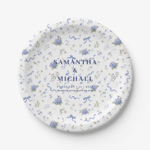 Blue Navy Flowers Floral Concept Wedding Couple Paper Plate