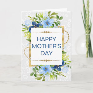 Blue & Navy Flowers & Gold Mother's Day Card