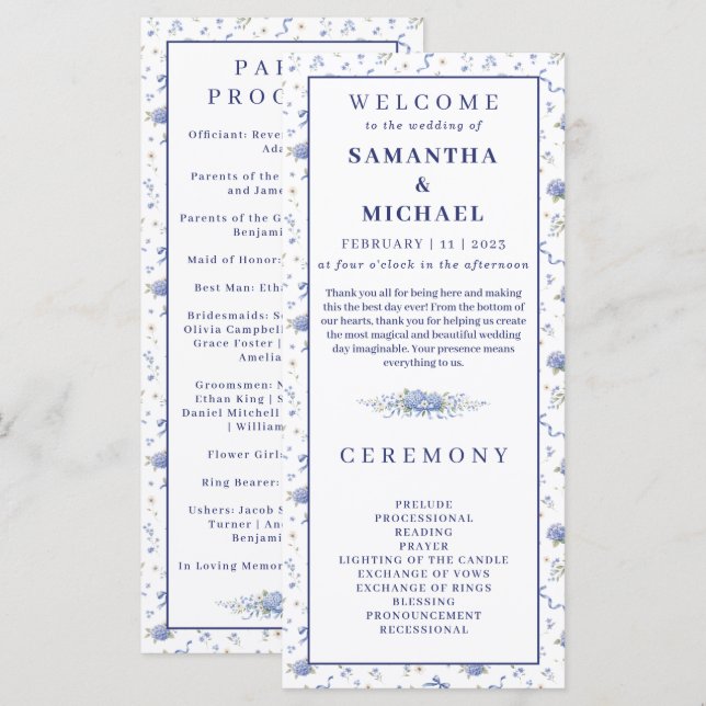 Blue Navy Flowers Tiny Floral Wedding Program (Front/Back)