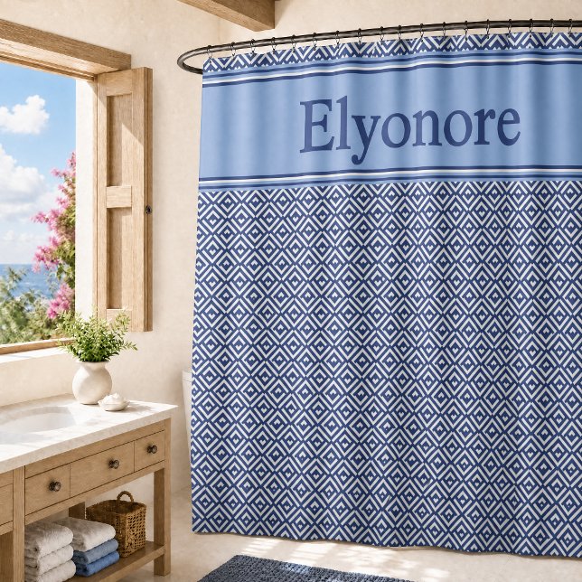 Blue Navy Geometric Chevron Name Shower Curtain (Creator Uploaded)