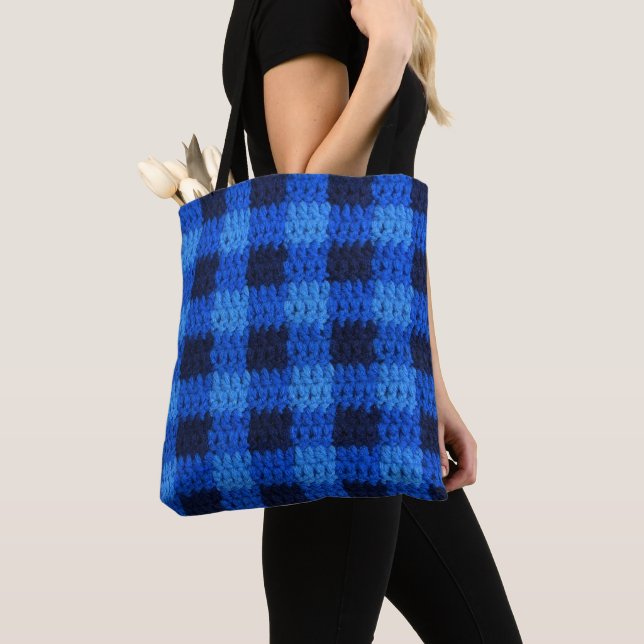 Blue Navy Gingham Plaid Artisan Crochet Print Tote Bag (Close Up)