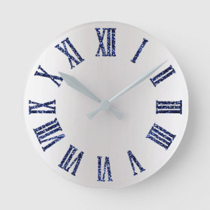 Blue Navy Glitter Metal  Grey Silver Roman Numbers Round Clock