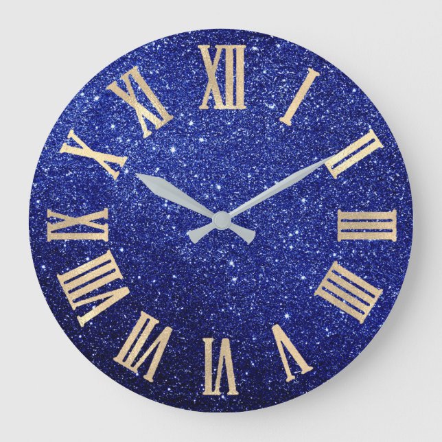 Blue Navy Glitter Minimal Metallic Roman Numers Large Clock (Front)