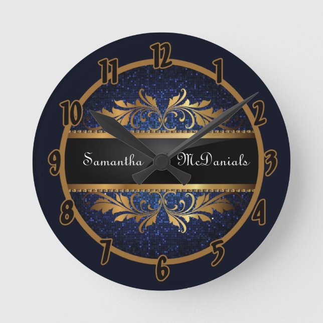 Blue Navy Glitter Sequin Disco Personalised Clock (Front)
